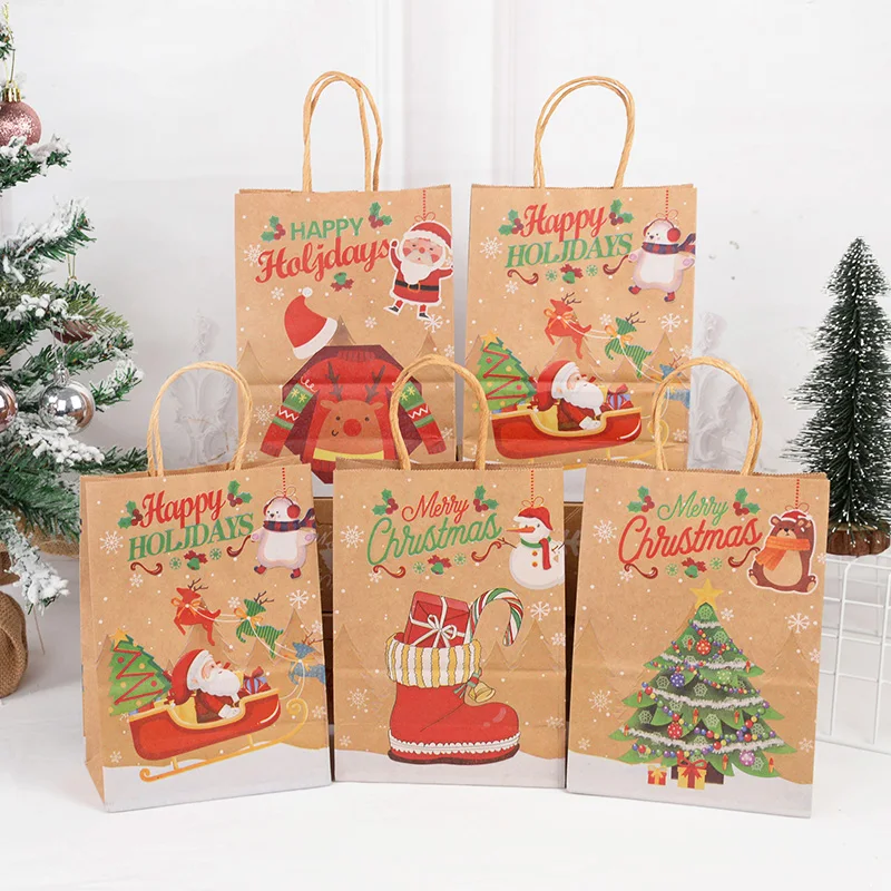 

5pcs Merry Christmas Kraft Paper Tote Bag Happy New Year Candy Cookie Packaging Bag Christmas Party Home Decoration Gifts Bags