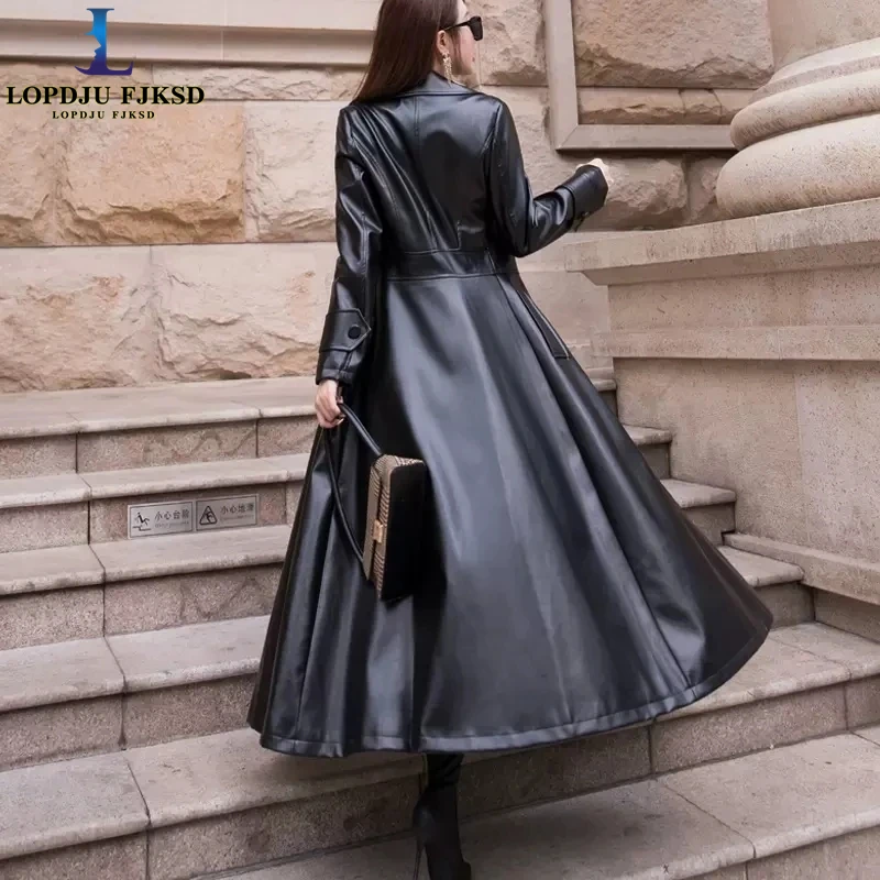 

Black Wine Red Leather Trench Coats for Women, Slim Korean Fashion, Long Windbreaker Overcoat, Female Clothing, Autumn, Winter