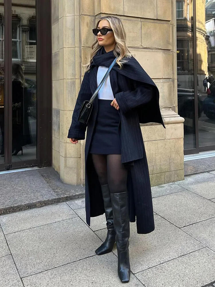 Элегантное полосатое женское длинное пальто повседневное свободное большого