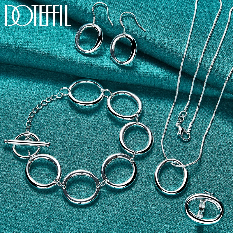 

DOTEFFIL 4pcs 925 Sterling Silver Round Circle O Necklace Bracelet Earring Ring Set For Woman Man Wedding Fashion Jewelry