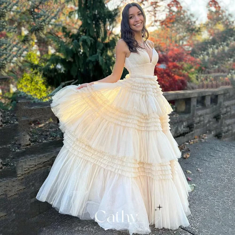 

Katerina A Line Long Evening Dresses Wedding Party Gown Ruffled Tiered Formal Prom Bridal Gowns Sweetheart Party Dress