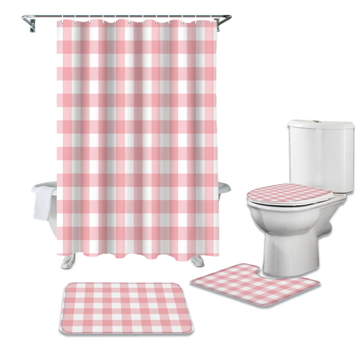 

Pink White Plaid Bathroom Shower Curtain Bath Mat Shower Rug Carpets Set Toilet Lid Cover Floor Mats Bathroom Accessories