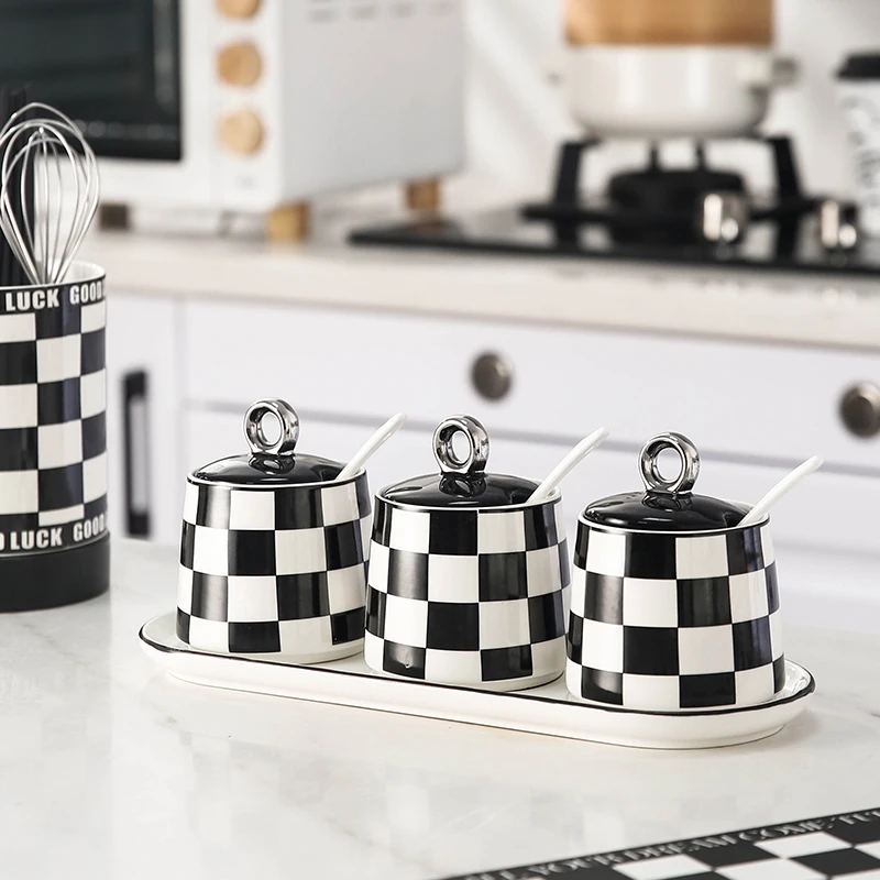 

Ceramic Chessboard Seasoning Household Kitchen Storage Spice Box Restaurant Seasoning Sugar Salt Pepper Combination Set