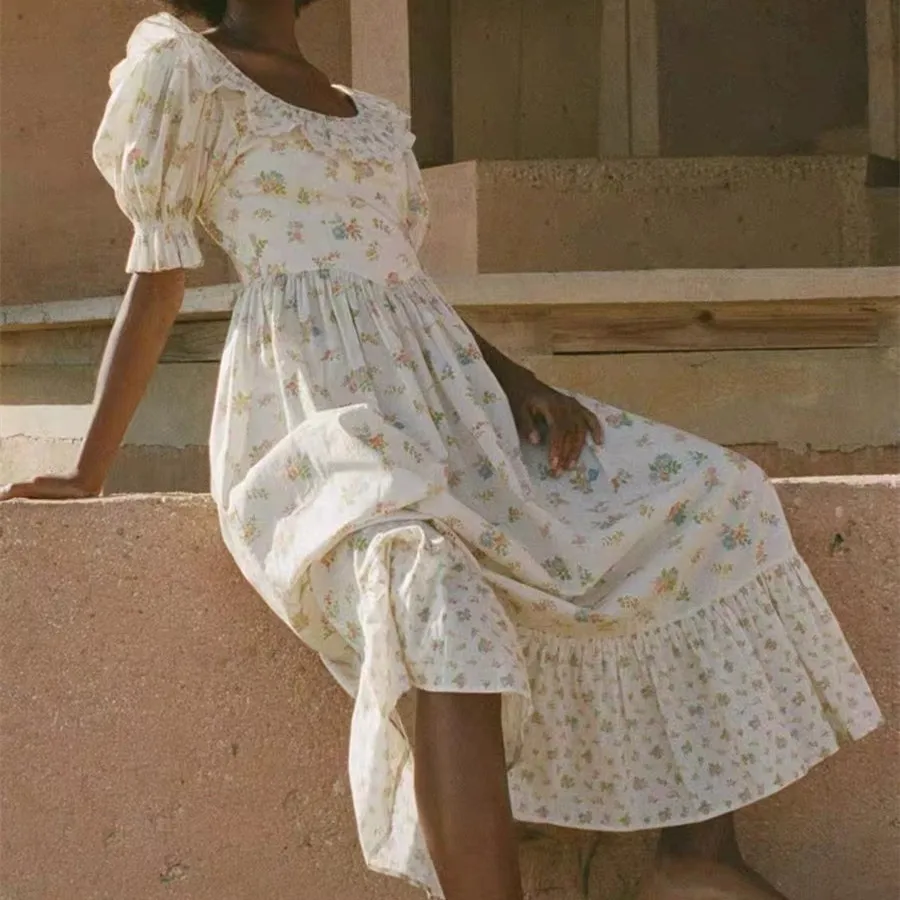 Women 100% Cotton Ruffled Neck Prairie Chic Puff Short Sleeve Floral Printed 2023 Summer Long Dress