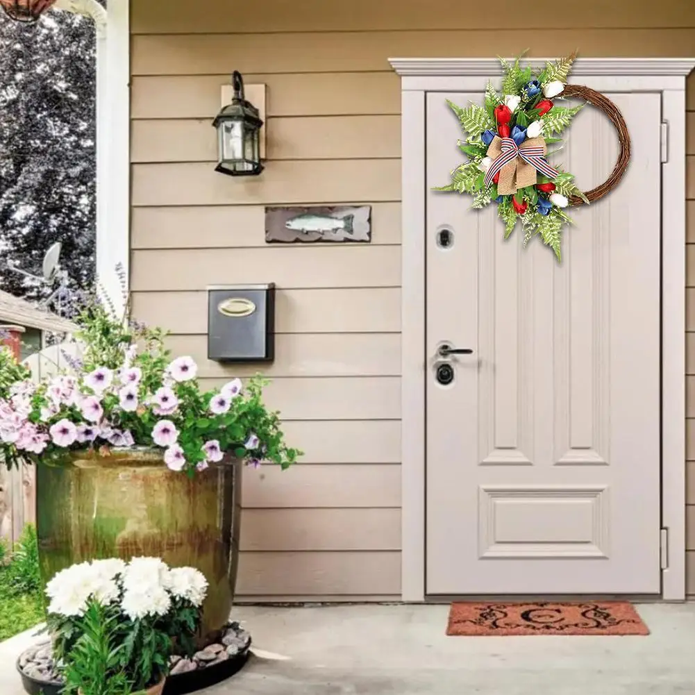 

Венок на День независимости США, Искусственный тюльпан, цветок, Декор, июль, ротанговый Шелковый день, домашний офис, цветочный венок, венок, ...