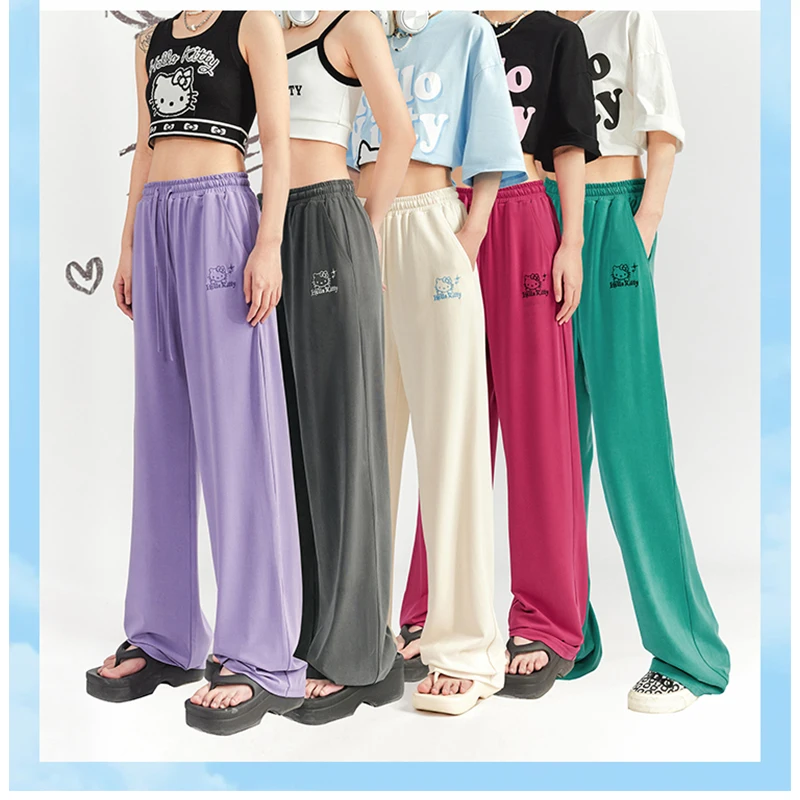 

Sanrio Hello Kitty Ice Silk Loose Straight Sports Pants High Waist Wide Legs Drape Floor Mopping Trousers Street Style