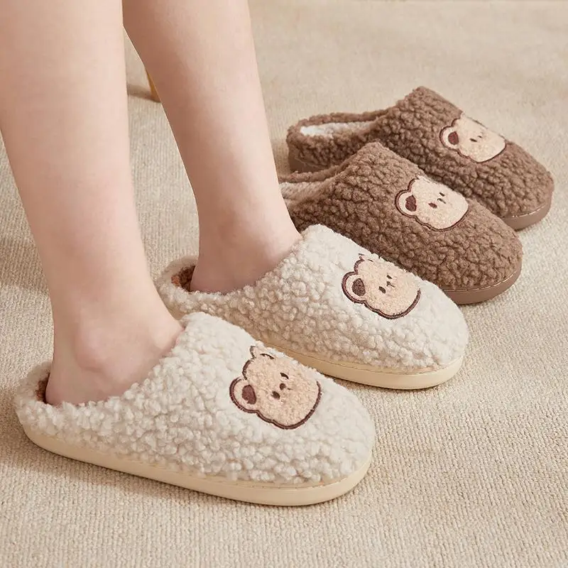 Winter House Women Fur Slippers Warm Soft For Men Cute Cartoon Bear Bedroom Ladies Girls Fluffy Slippers Couples Plush Shoes 4