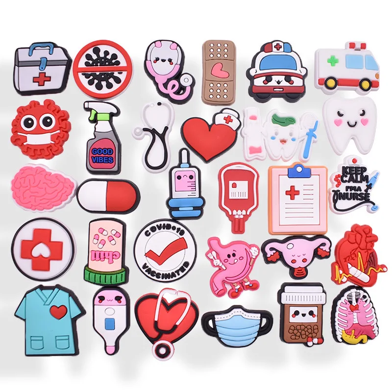 30-200PCS Medical Treatment Shoe Charms Cartoon Ambulance Mask Heart Lung Creative DIY Shoe Buckle Accessories Decor for Croc