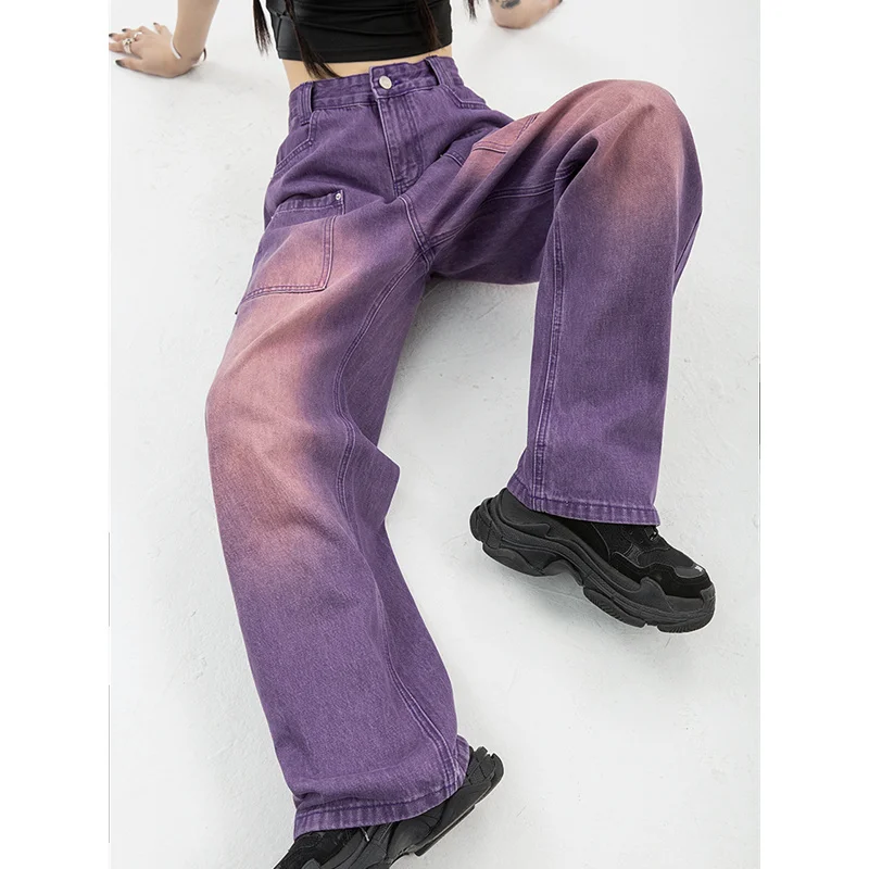 

Повседневные облегающие брюки 2023, женские фиолетовые широкие джинсы, винтажные прямые брюки с высокой талией, мешковатые шикарные дизайнерские американские уличные брюки