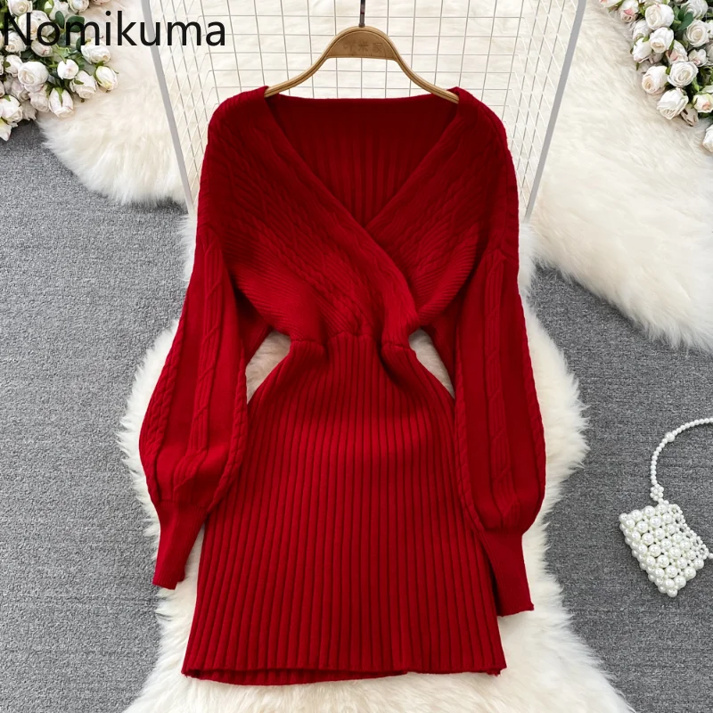 

Nomikuma Vestidos De Mujer Autumn Winter Lantern Sleeve Slim Bodycon Knitted Ropa Mujer Elegant Fashion Vintage Dress for Women