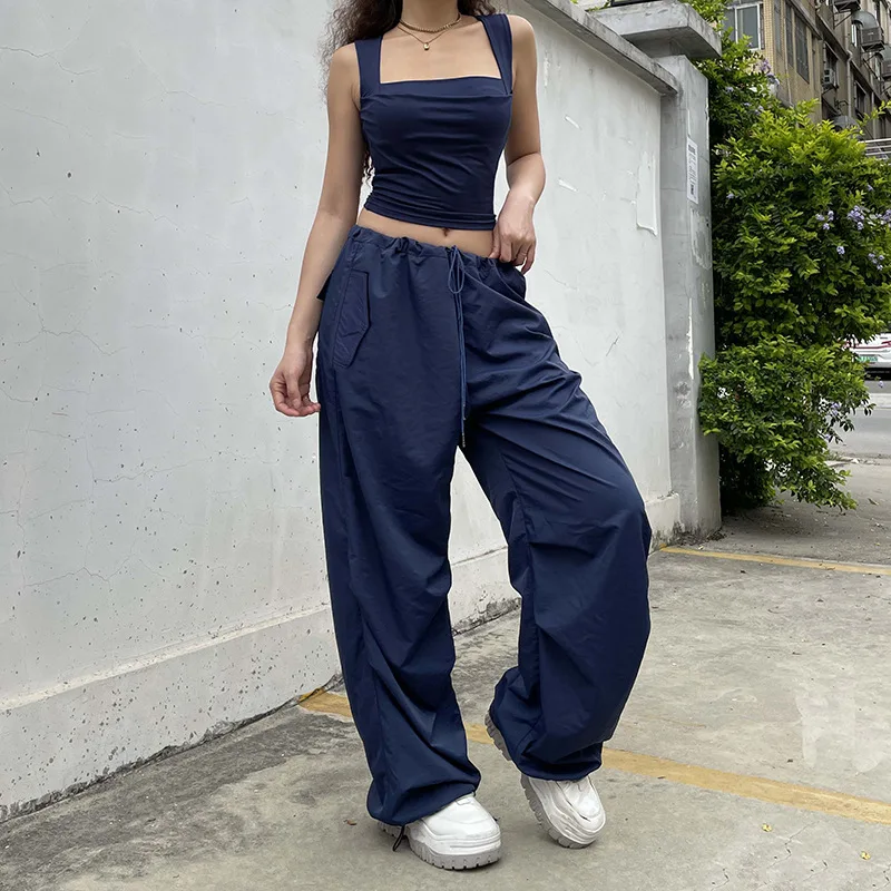 

Sexy Sleeveless Slim Vest Top Casual Loose Wide-leg Drawstring Cargo Pants Two-pieces Suit Set 2022 Autumn Tracksuit Streetwears