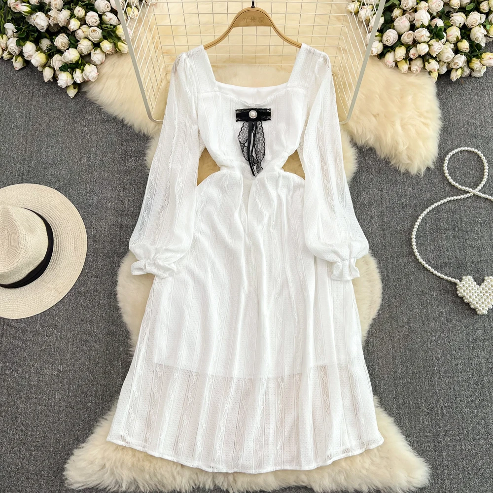 

Spring and Autumn Gentle Wind Age-reducing Long-sleeved Bow Square Collar Collection Waist Slimming Mid-length Large Swing Dress