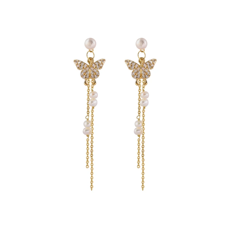 

Original delicate and elegant butterfly earrings, Female Minority design sense, tassel long Freshwater Pearl Earrings