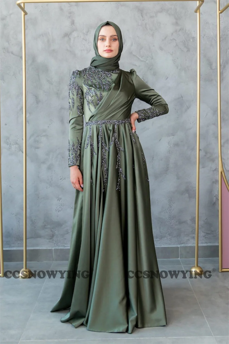 

Мусульманское атласное вечернее платье с бусинами, платье для выпускного вечера с длинным рукавом и высоким воротом, платье для Исламской Аравии, Дубая, бальное платье для официальной вечеринки, хиджаб, вечернее платье