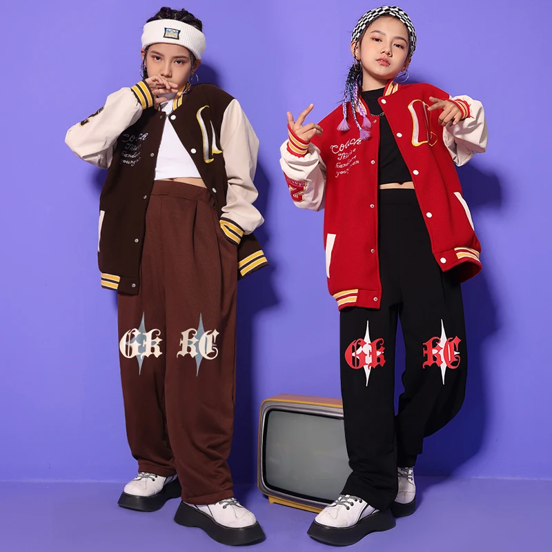 

Kids Kpop Hip Hop Clothing Oversize Baseball Jacket Streetwear Sweat Pants For Girl Boys Jazz Dance Wear Costume Show Clothes