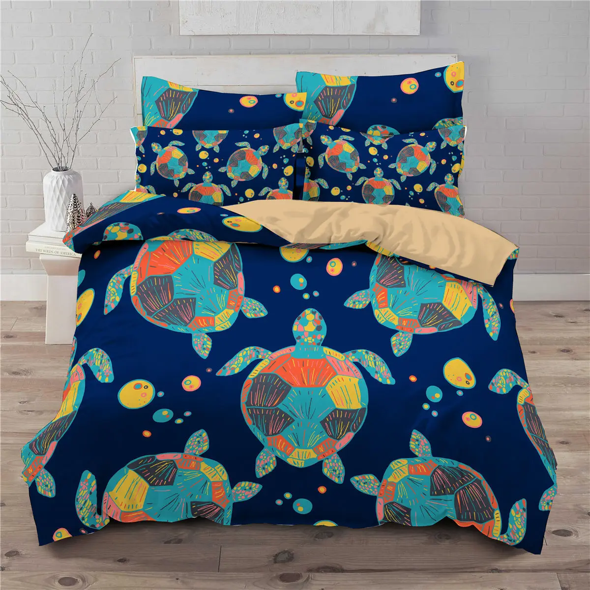 Sea Turtle Duvet Cover Queen Size Boy Beach Comforter Polyester 2/3pcs Teal Aqua Blue Abstract Tortoise Bedding Set |