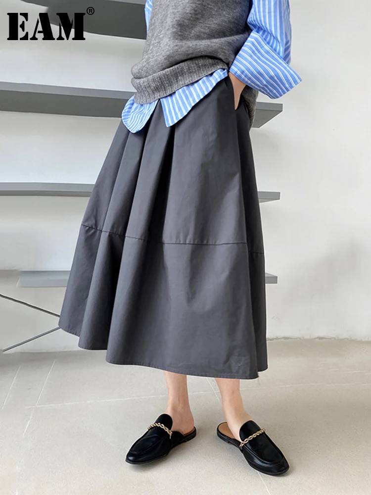 

[EAM] High Elastic Waist Gray Brown Casual A-LINE Midi Half-body Skirt Women Fashion Tide New Spring Autumn 2023 1DE2807