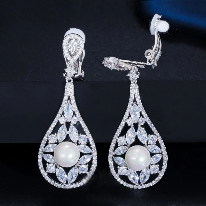 

ThreeGraces Elegant Cubic Zirconia Long Simulated Pearl No Hole Ear Clip On Earrings for Women Chic Wedding Party Jewelry EJ0032