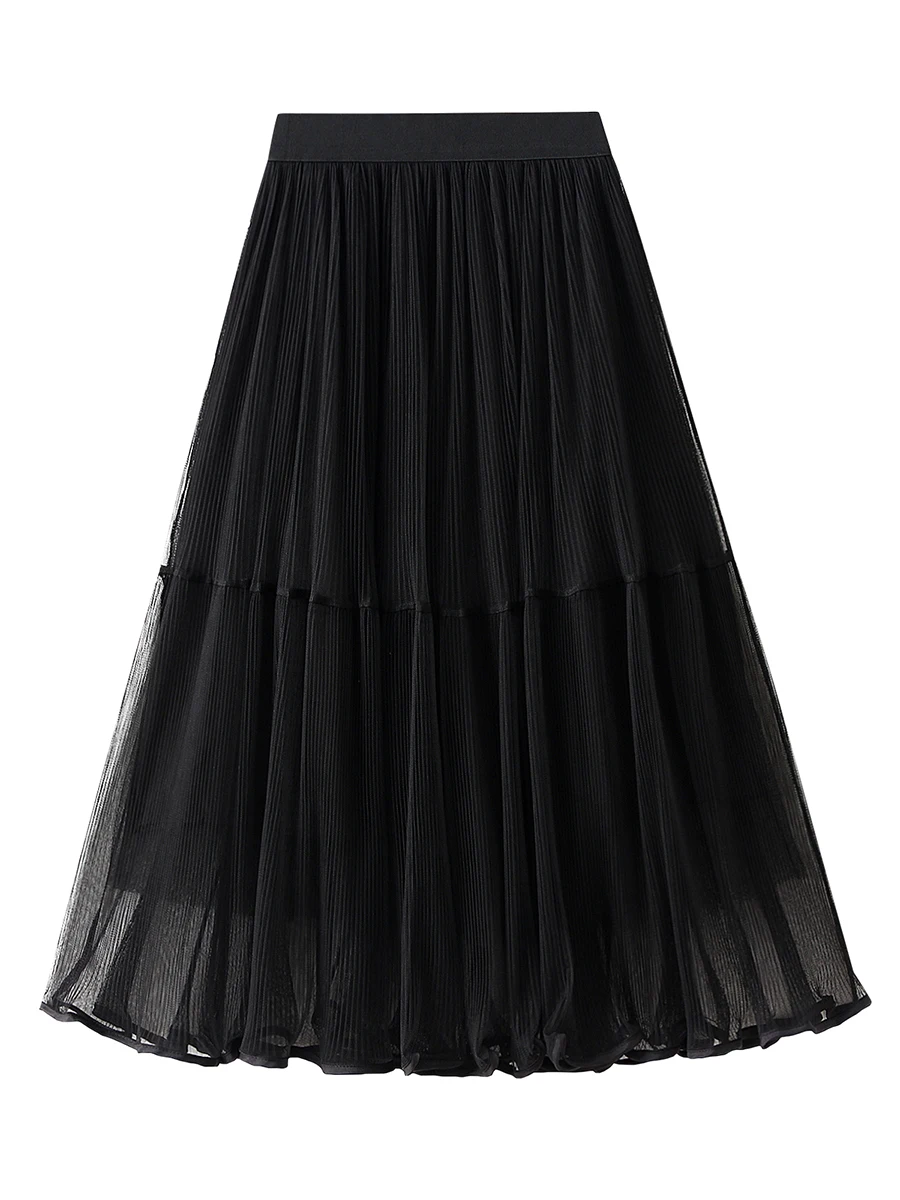 

Women s Tulle Mesh Skirt Formal High Waist Pleated Midi A-Lined Tutu Skirts Layered Party Flowy Dress (Black One Size)