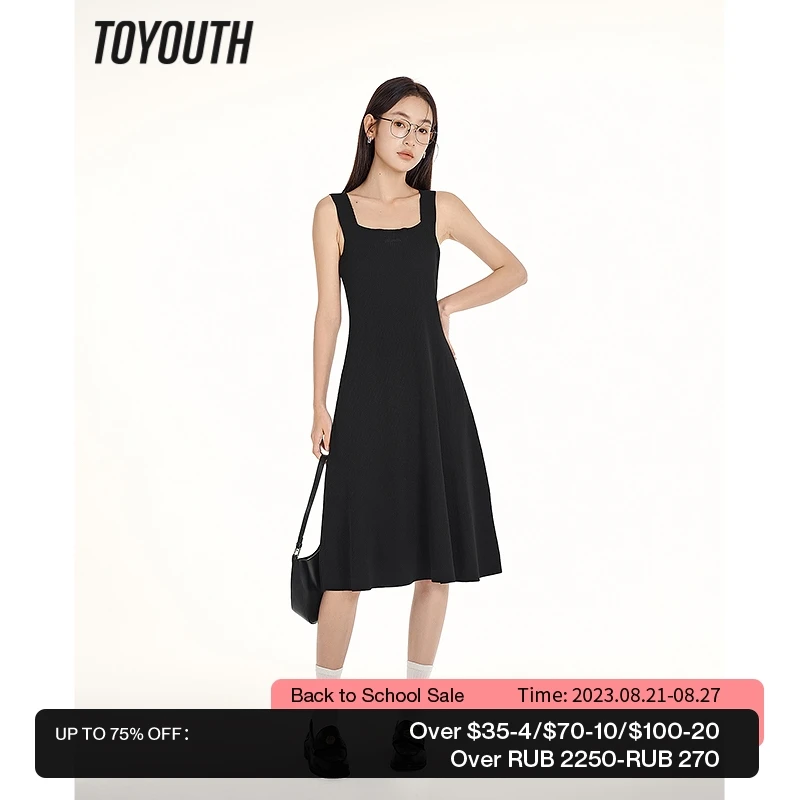 

Toyouth Women Suspended Dress 2023 Summer Sleeveless Round Neck A-shape Slim Waist Simple Basic Black Knitted Tank Top Skirt