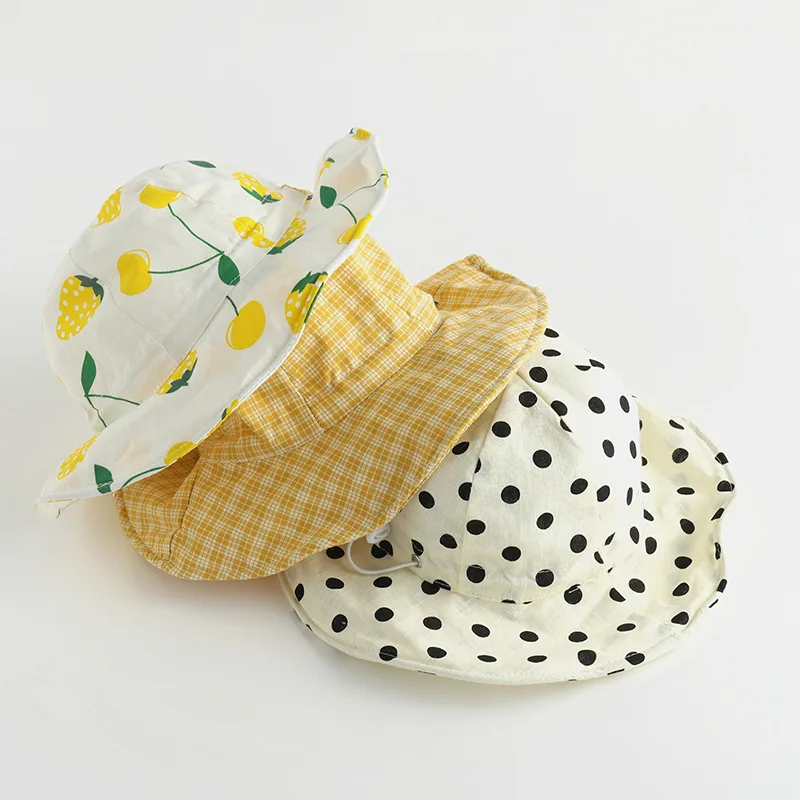 

Baby cute fruit printed Sunhats Kids Spring Summer cotton adjustable plaid bucket hat