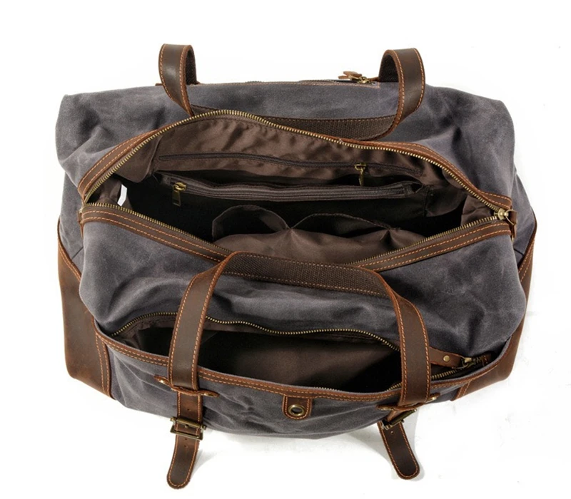 Waxed Canvas and Genuine Leather Travel Bag Casual Men Large Capacity Luggage Tote Bag High Quality Male Handbags Crossbody Bag