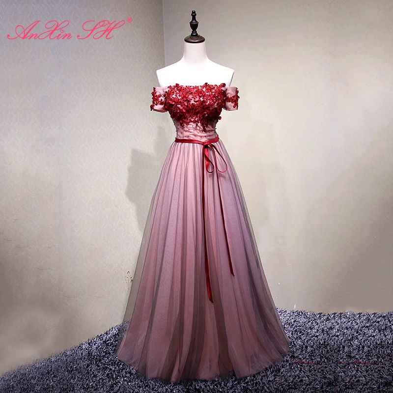 

AnXin SH принцесса розово-серое кружево вырез лодочкой короткий рукав Иллюзия Красный Цветок Кружева Бисероплетение Кристалл бант длинное вечернее платье