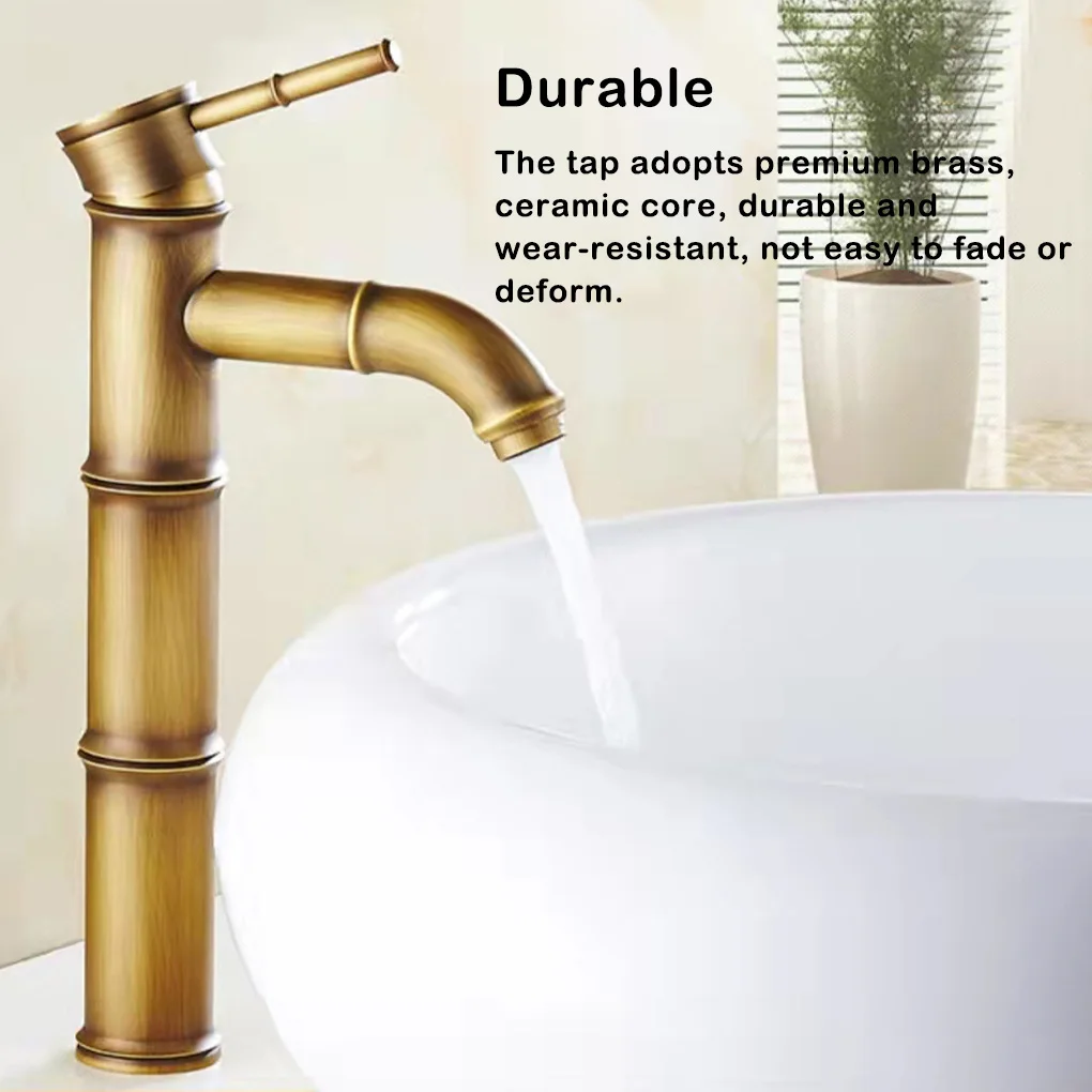 

Bathroom Faucet Antique Brass Basin Stable Base Tall Bamboo Taps Hot Cold Water Single Handle Pipes Retro Style Tap Garden