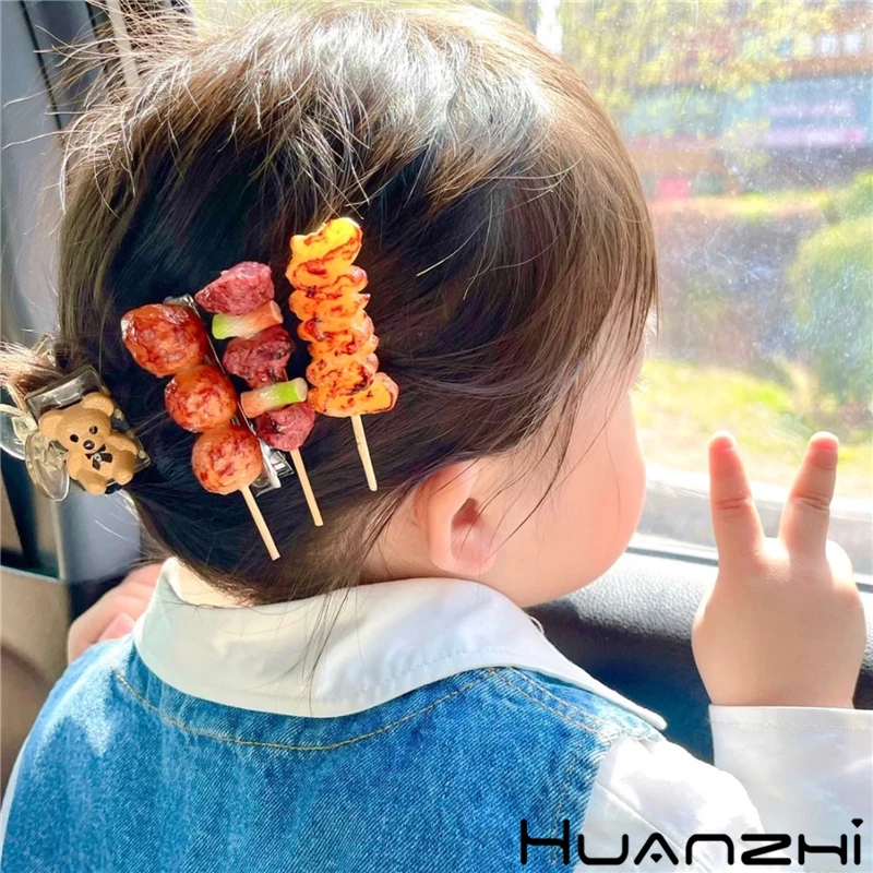 HUANZHI 2022 Simulation Barbecue Baking Skewers Ball Ribs Blame Cute Hairpin for Child Girls Daily Hair Accessories New