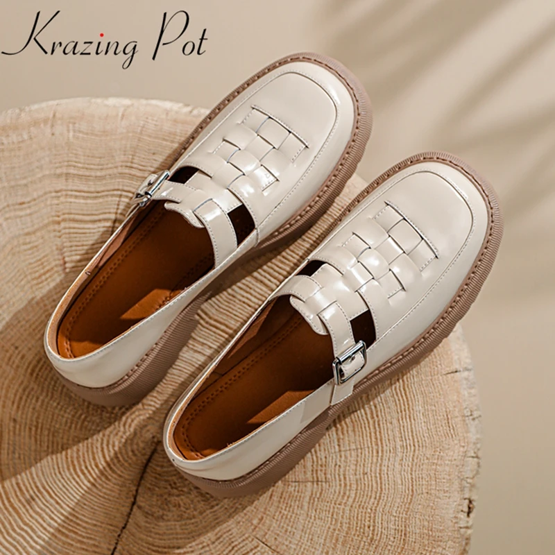 

krazing pot cow leather round toe med heels shoes women buckle straps hollow out weave style catwalk fashion leisure cozy pumps