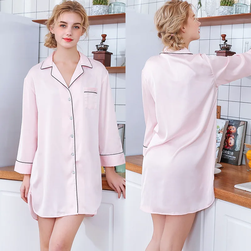 Autumn Summer Silk Nightgown Women's Silk Satin Homewear Sleepwear One-Piece Pyjamas Night Dress Nightwear For Women Sleeping