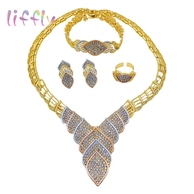 

Dubai Jewelry Sets Colorful Fashion Necklace Crystal Bracelet Earrings for Womens Wedding Accessories Ring Gift