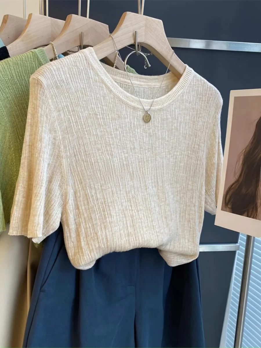 Женская футболка с коротким рукавом и круглым вырезом летняя Однотонная из