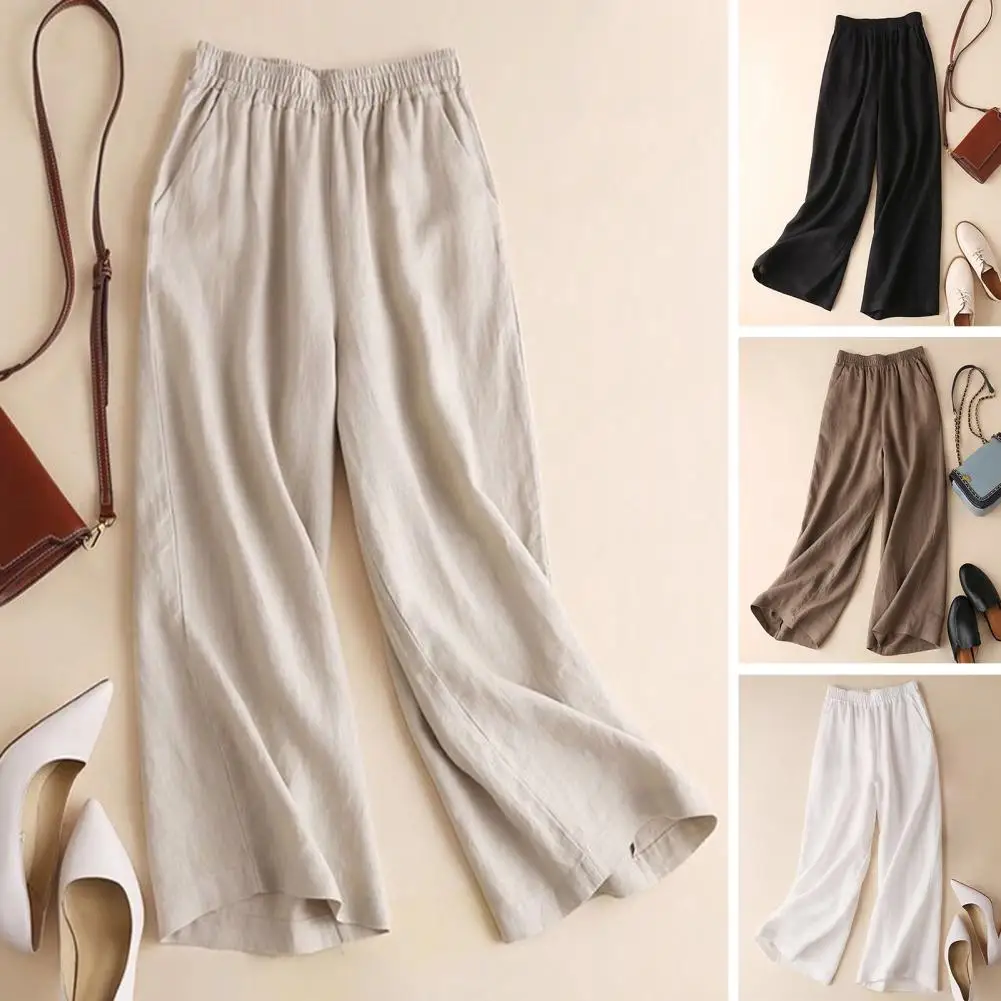

High-Waist Elastic Waistband Slant Pockets Woman Pants Simple Casual Straight Wide Leg Pants Female Clothing