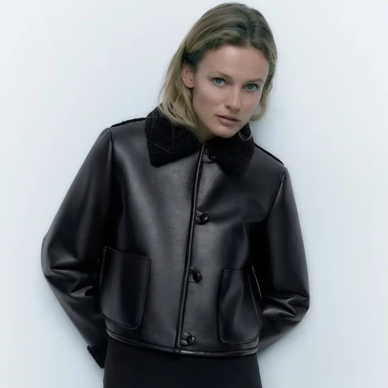 Casual Streetwear Faux Fur Splicing Black Leather Jacket Thick Warm Winter Office Ladies Coat Women New In Outwears Crop Tops