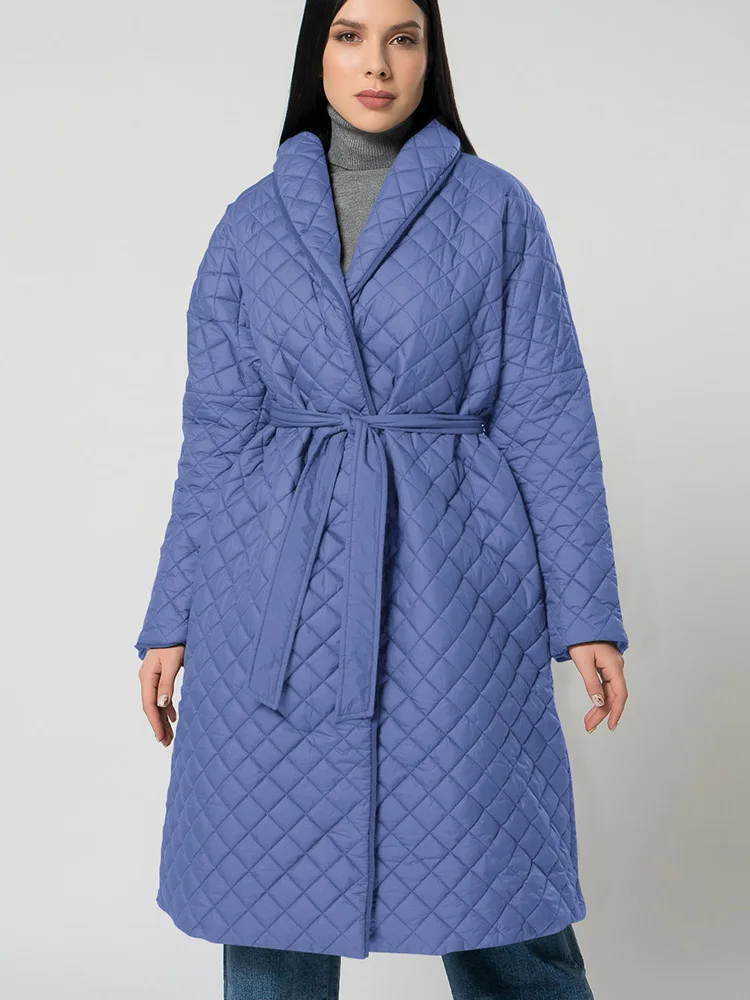 Winter Fashion Oversized Army Green Argyle Long Parkas with Belt 2022 Winter Women's Casual Loose Black Coat Ladies Blue Outwear