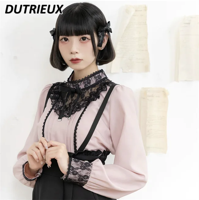 

Customized Japanese Style Lolita Pink Blouse Mixing with Black Bow Tie Lace Long-Sleeved All-Matching Shirt Women's Spring Tops