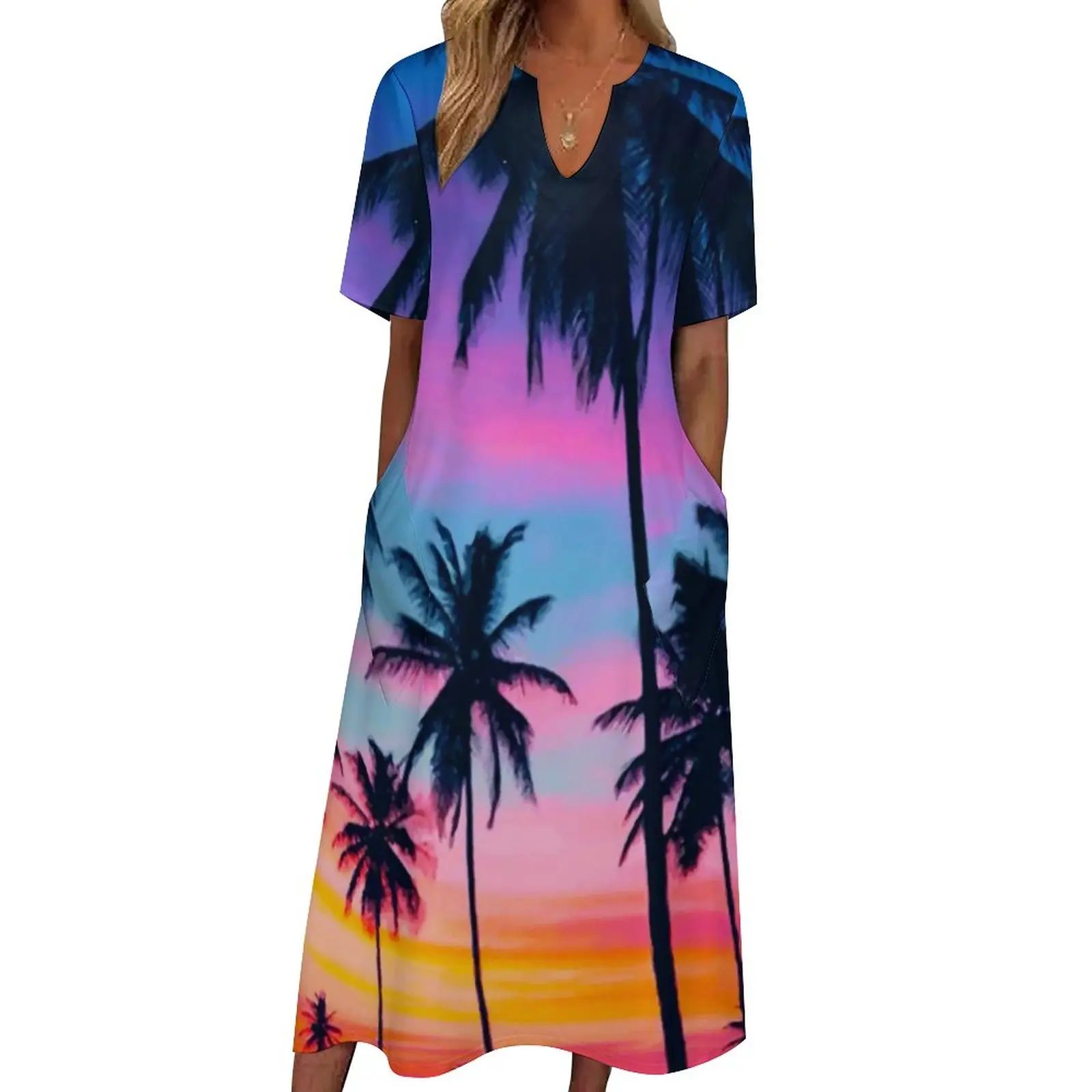 

Miami Sunset Dress Palm Trees Print Kawaii Maxi Dress V Neck Design Boho Beach Long Dresses Street Style Oversized Vestidos