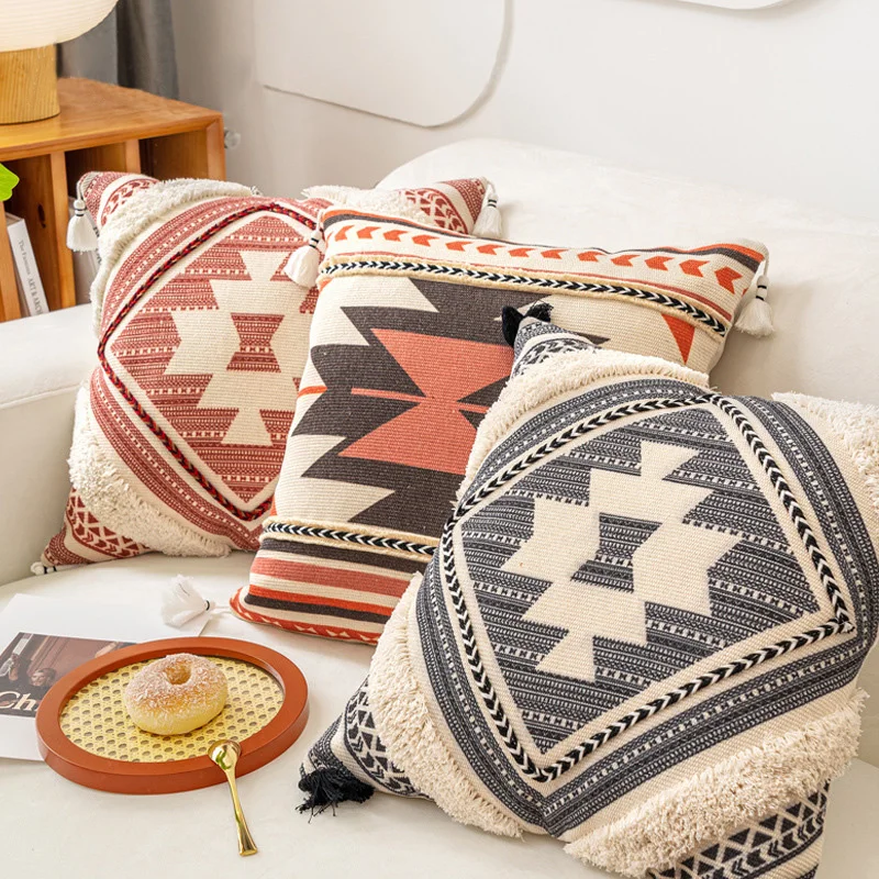 

Bohemia Embroidery Cushion Cover Brown Boho Ethnic Style Geometric Floral Pillow Cover With Tassels 45x45cm Home Decor