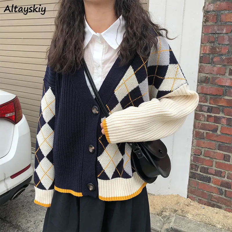 

Preppy Style Cardigan Women Panelled Design Fashion Ulzzang Students V-neck Leisure Loose Simple Argyle Sweater Autumn All-match