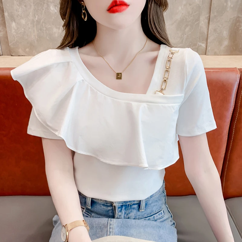 

Fashion Elegant Short Sleeve T-shirt Women Ruffled Skew Collar Summer Blouse Solid Color Tops Sweet Clothes Backless Tees 27652