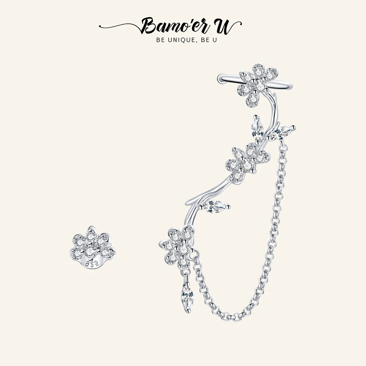 

BAMOER U Silver Blossoming Flowers Earring 925 Sterling Silver Asymmetric Clear CZ Earring for Women Wedding Jewelry BSE476