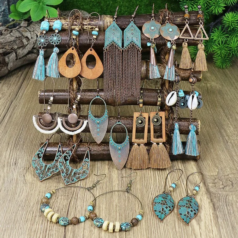 Винтажные серьги 3 пары богемные этнические геометрические кисточки сплав