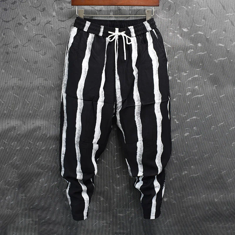 

Fashion Spring Hip hop Striped Pants Men Loose Joggers Streetwear Harem Pants Clothes Cuffed Ankle length Trousers