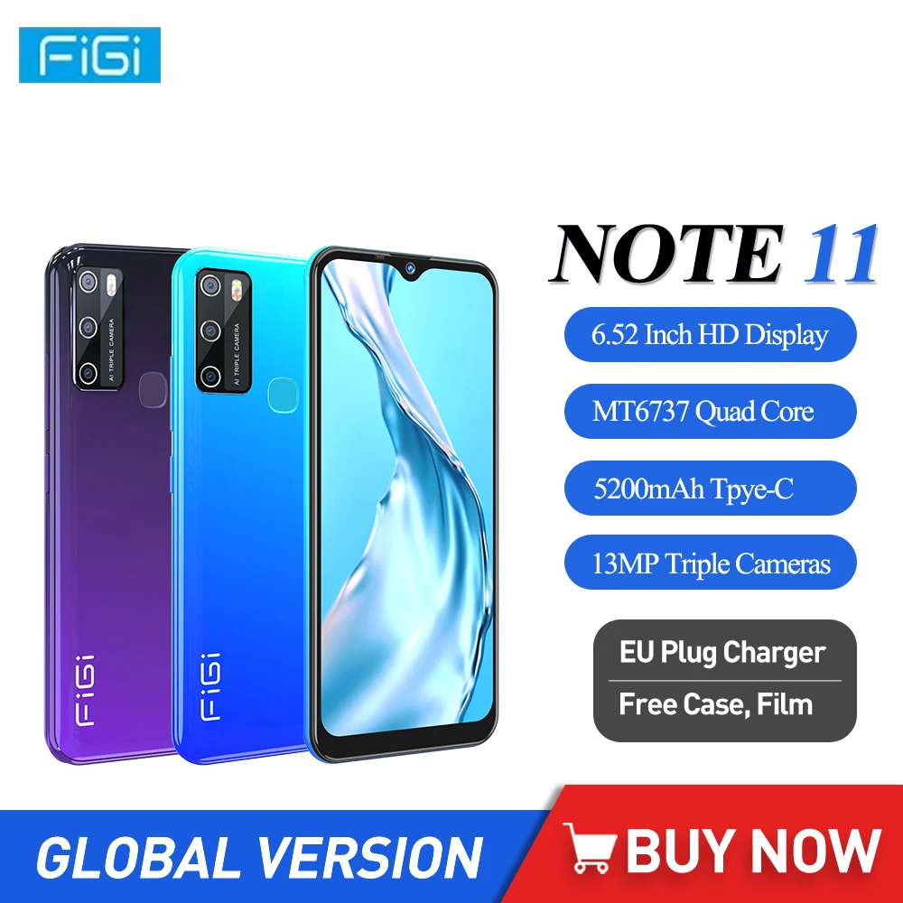 FIGI Note 11 Android 10 Cellphones MT6737 Quad Core Mobile Phone 6.52 Inch HD 3GB+32GB Smartphones 5200mAh 13MP Triple Cameras