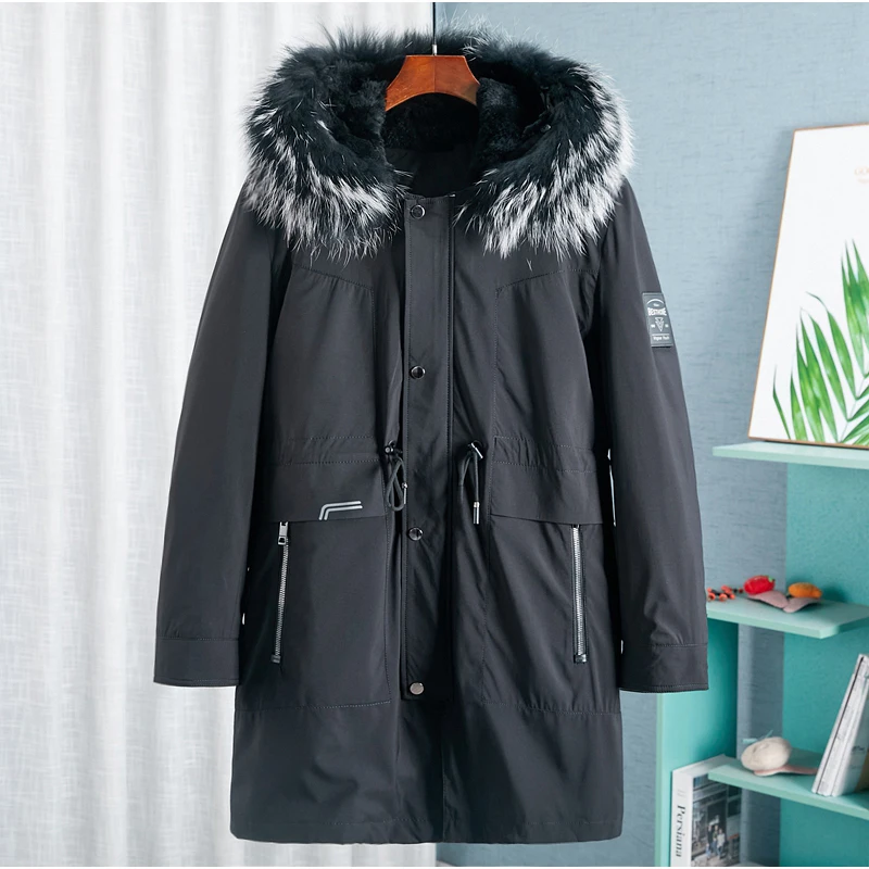 Big Fur Collar Cotton Coat Men's 2022 New Rabbit Fur Mid-Length Drawstring Fur All-In-One Overcoming Jacket Men's Coat