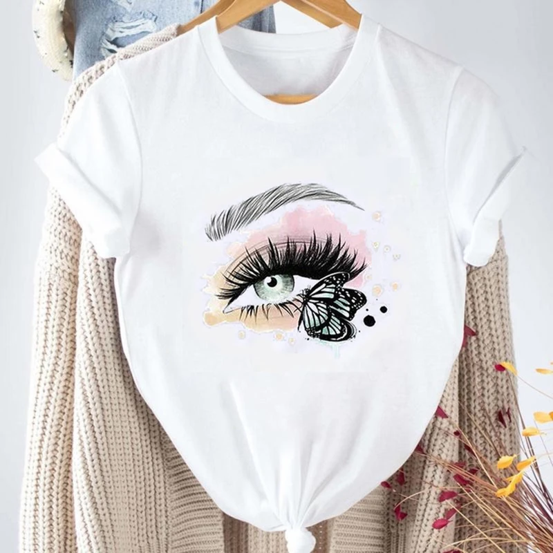 

Women Eye Lashes Style Lovely Sweet Print Tees Tshirt Cartoon Female Clothes Tops Print Ladies Fashion Graphic T-Shirt
