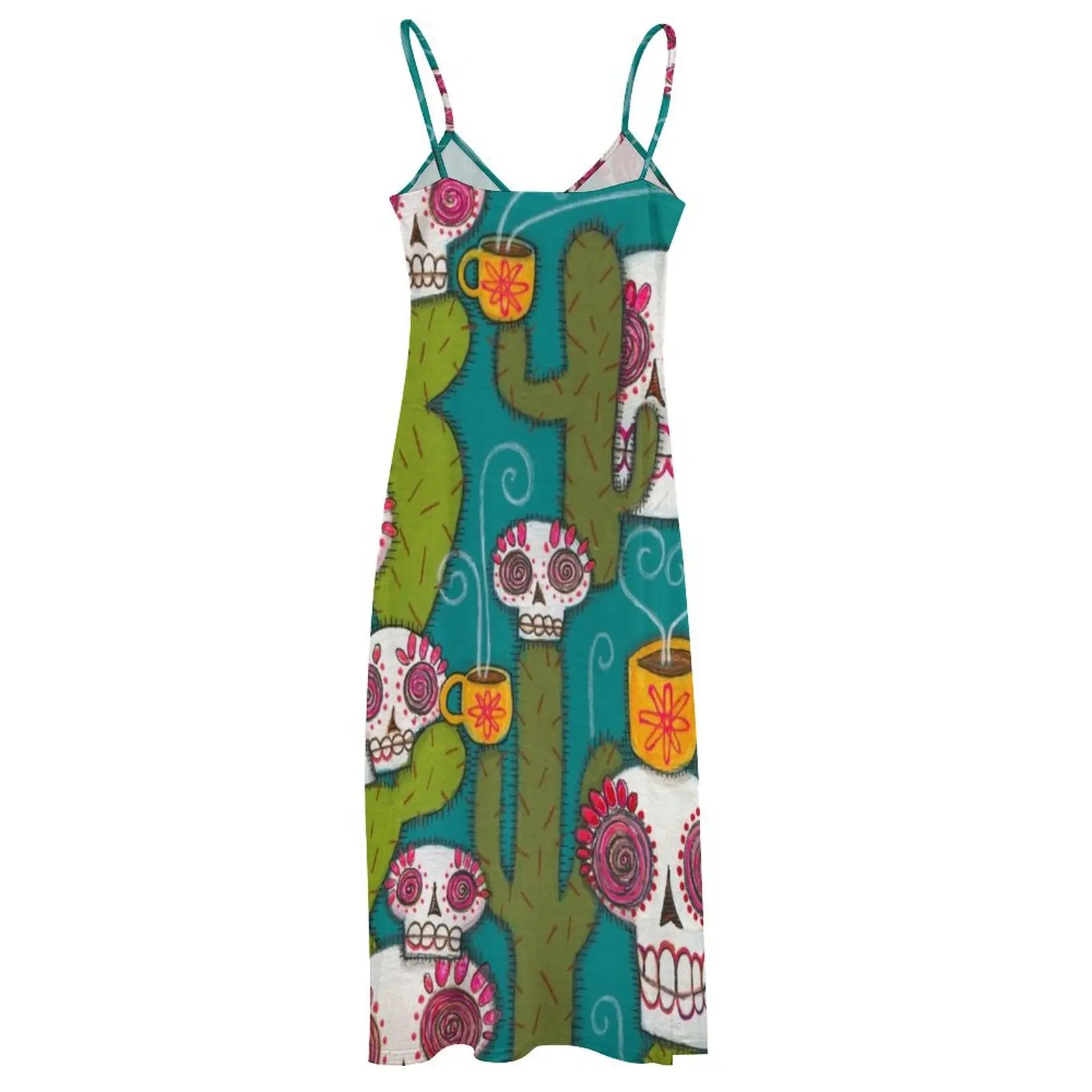 Длинное платье без рукавов с черепами кактусами и атомным кофе элегантное