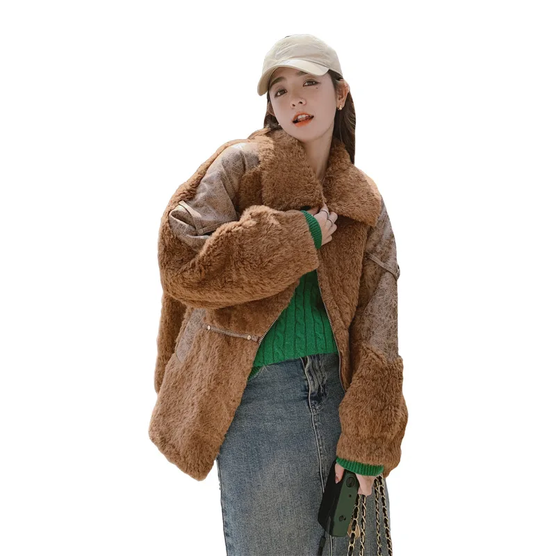 Lamb hair coat for female winter loose thickened retro grain wool coat