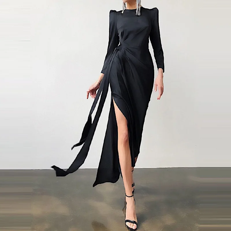 

Spring/Autumn New Satin Dress Women Fashion Slit High Waist Long Bandage Vestido Female Casual Long Sleeve Solid Maxi Dress